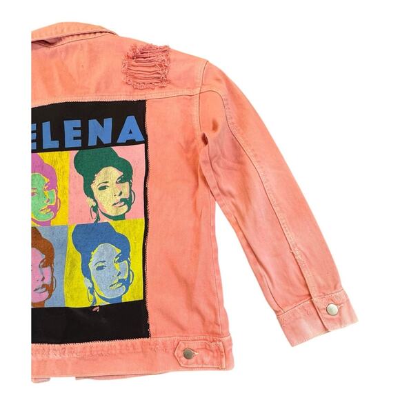 SELENA QUINTANILLA Queen of Tejano Music Upcycled Retro Pink Denim Jacket Size L - Picture 10 of 13